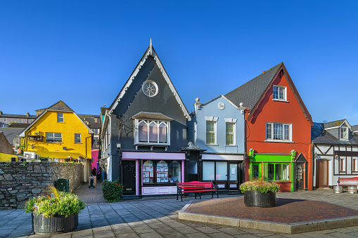 Small square with bright colored houses  in Kinsale, Ireland