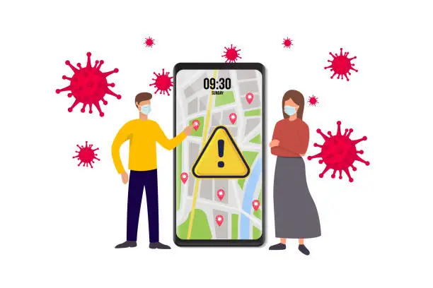 Vector illustration of Smartphone health virus tracking location app with people wearing protection face mask to prevent coronavirus, disease, flu, air pollution. Old man young woman person walking. City illustration.