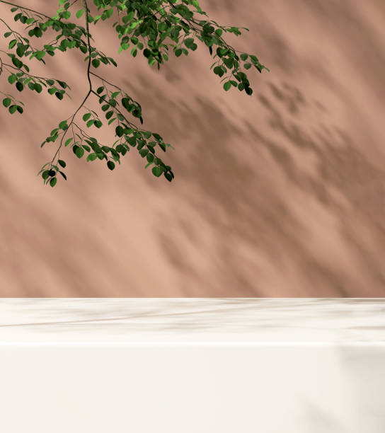 istock Modern minimal empty white marble stone counter table, green tree in sunlight, leaf shadow on beige brown wall 1459053005