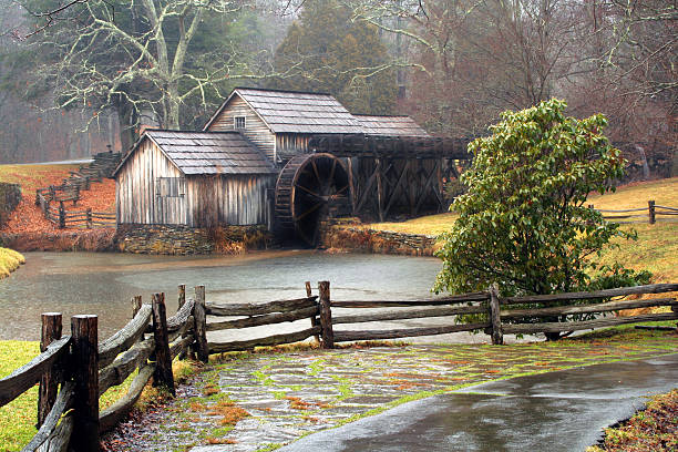 Rainy Day Mabrys Mill in Virginia along the Blue Ridge Parkway on a rainy day. george floyd protests stock pictures, royalty-free photos & images