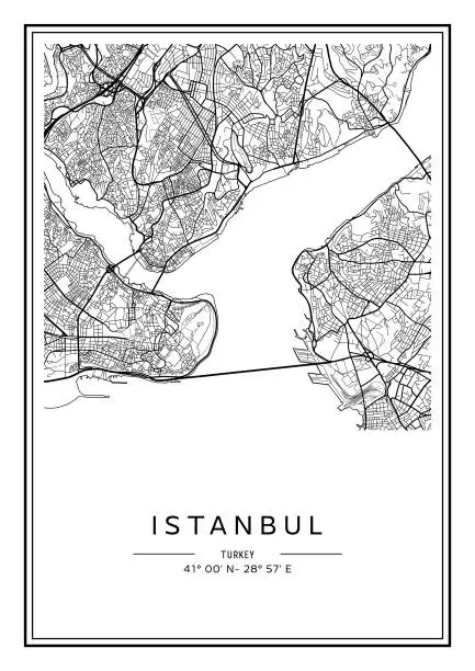 Vector illustration of Black and white printable Istanbul city map, poster design, vector illistration.