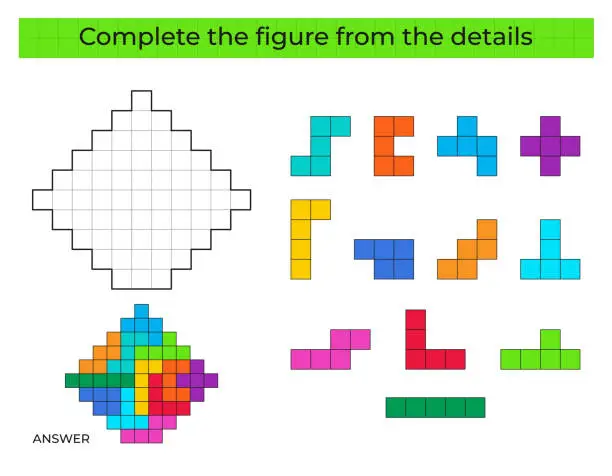 Vector illustration of Puzzle game with geometric figure. Colorful details for children. Complete figure. Education game for kids, preschool worksheet activity.