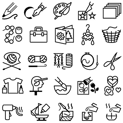 Single color isolated outline icons of hobby and craft products and activities.