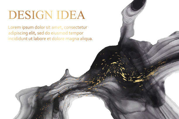 istock Watercolor background with abstract black ink waves and golden splashes. 1459056797