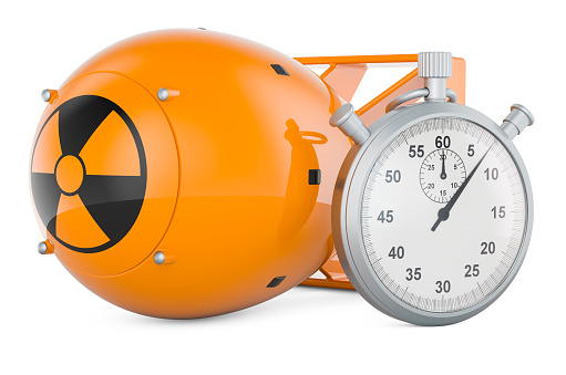 Atomic bomb with stopwatch. 3D rendering isolated on white background