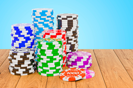 Casino tokens on the planks, 3D rendering