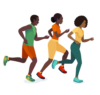 African American Group running people. Black man and black woman jogging man and women.