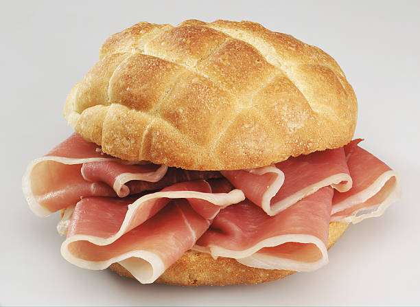 ham sandwich sandwich with ham on a grey background prosciutto stock pictures, royalty-free photos & images