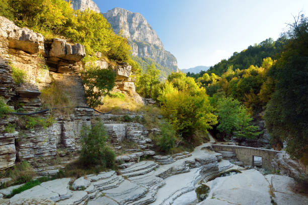 Papingo Rock Pools, also called ovires, natural green water pools located in small smooth-walled gorge near the village of Papingo in Zagori region, Greece. Papingo Rock Pools, also called ovires, natural green water pools located in small smooth-walled gorge near the village of Papingo in Zagori region, Epirus, Greece. zagori stock pictures, royalty-free photos & images