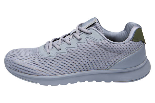 istock One gray summer sneakers made of mesh fabric, on a white background 1459060039