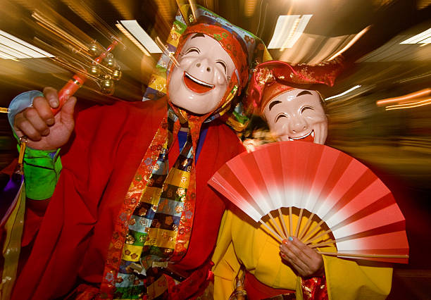 Masked Ohara Festival Dancers in Japan stock photo