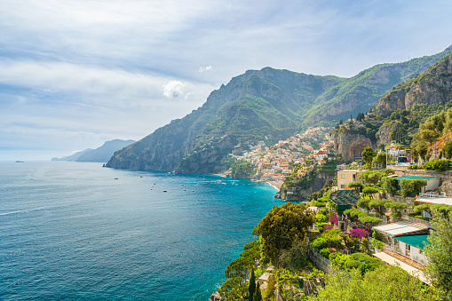 Amalfi coast with Positano town and Mediterranean sea, Campania, Italy. Popular summer resort and travel destination