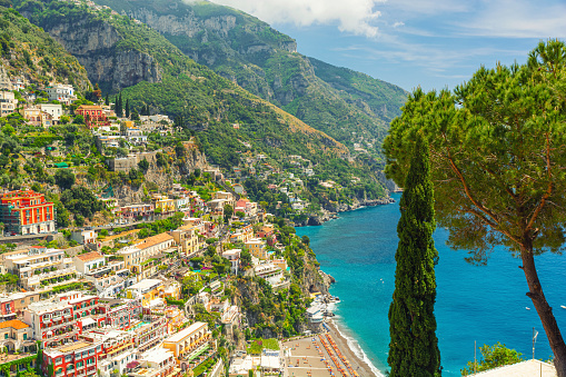 Positano town on Amalfi Coast in Campania, Italy. Popular summer Mediterranean resort and travel destination in Europe