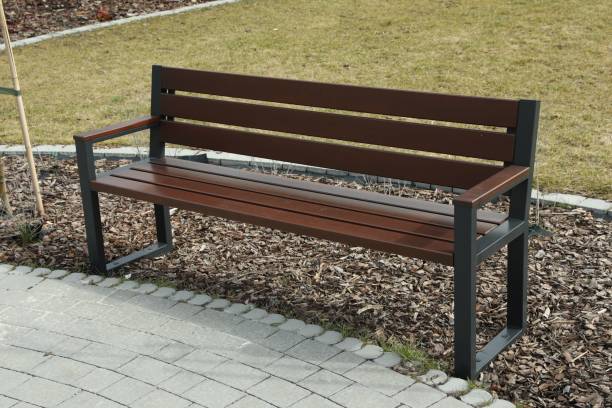 istock Empty wooden bench in park on spring day 1459066552