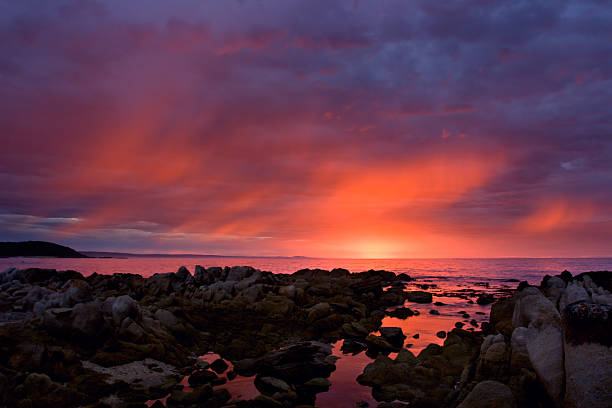 istock Purple sunrise over rocky coast line 145906718
