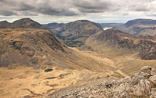 Looking towards Kirk Fell, Ennerdale, Haystacks, High Crag, Crummock Water, Low Fell and Robinson from Great Gable.