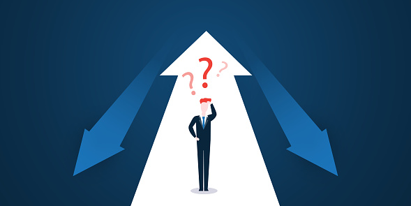 Design Concept Vector - Decisions, Businessman Deciding, Trying to Figure Out the Next Step - Man Standing in Front of Big Up Down Arrows of Pointing to Possible Directions