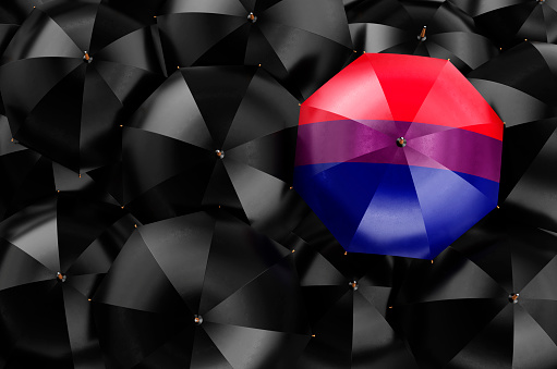 Umbrella with bisexual flag among black umbrellas, top view. 3D rendering