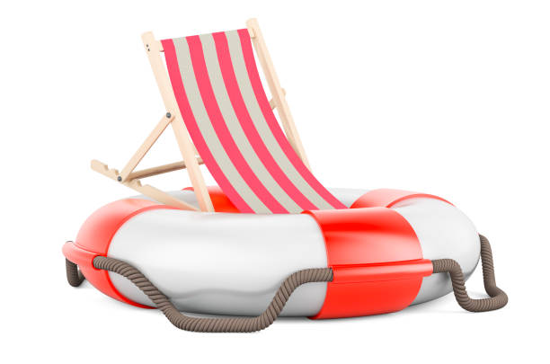 Deckchair with lifebuoy, 3D rendering isolated on white background