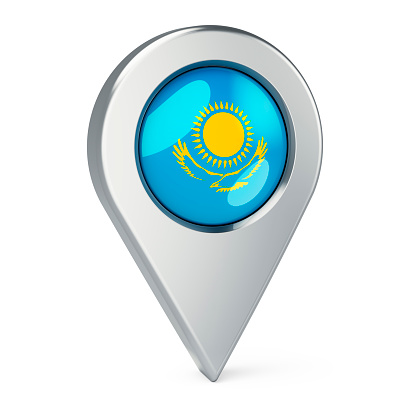 Map pointer with flag of Kazakhstan, 3D rendering isolated on white background