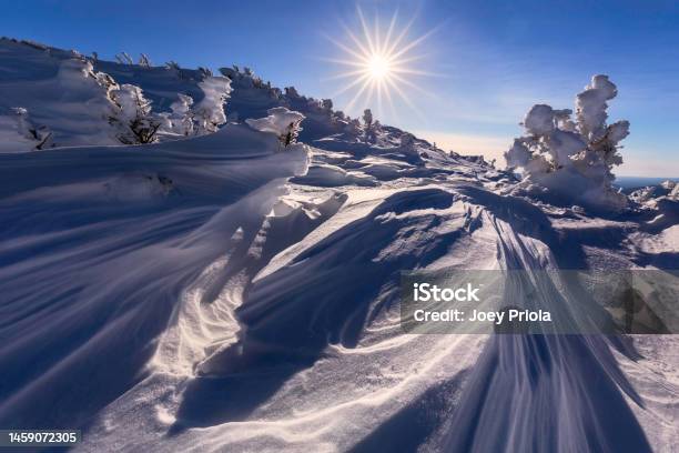 The Sun Shines Above The Snowy Summit Of Algonquin Peak In The Adirondacks On A Bluebird Winter Day Stock Photo - Download Image Now