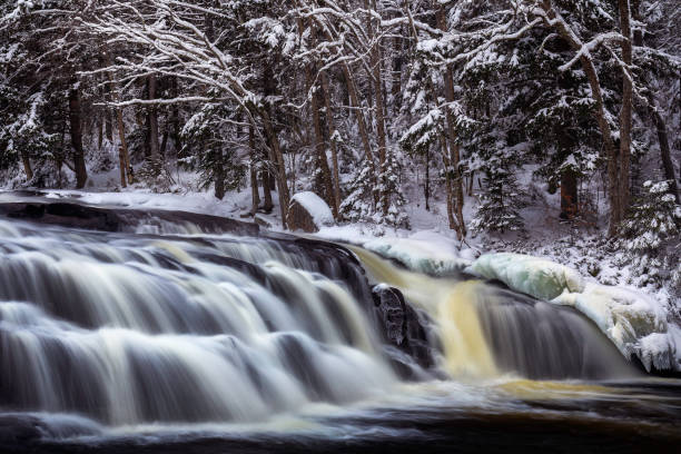 snowy trees line buttermilk falls in long lake, new york on a cloudy winter day. - long exposure imagens e fotografias de stock