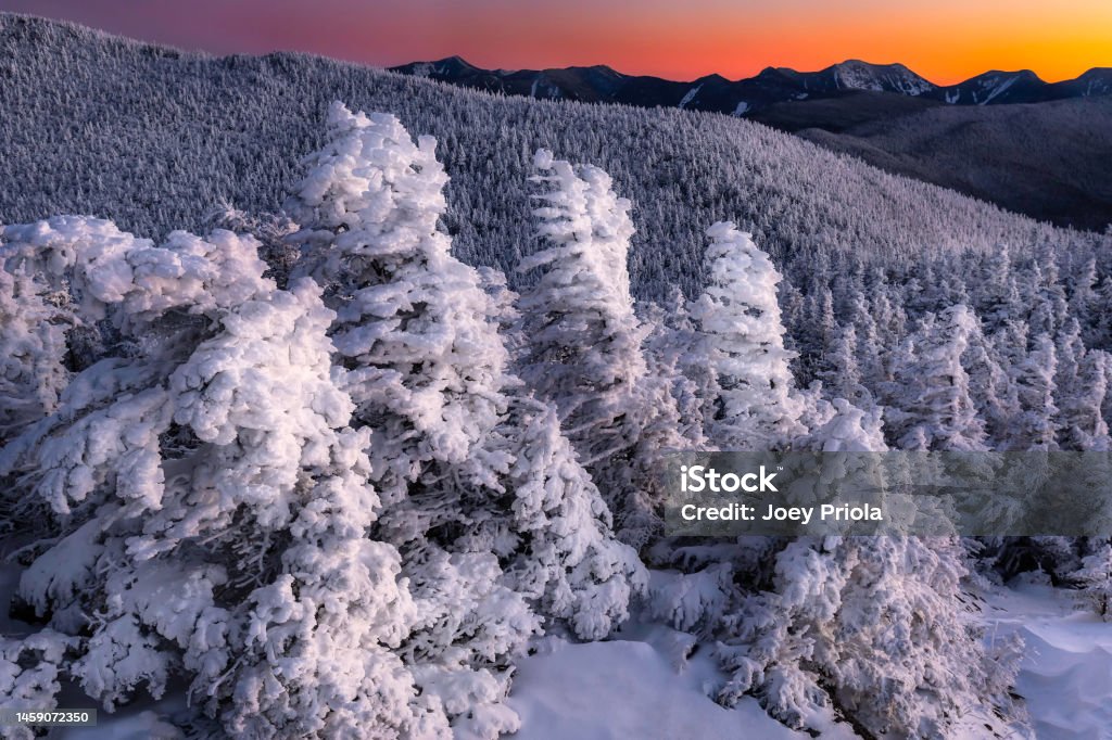 A beautiful winter sunset from Cascade Mountain in the Adirondack Mountains, with snowy trees and colorful sky. Warm and intense sunset light fills the sky above the Great Range of the Adirondack High Peaks in the distance. A row of  snow-crusted trees are in the foreground. Taken from Cascade Mountain in the Adirondack High Peaks of New York State. Cascade Mountain is one of the Adirondack 46 High Peaks, which are mountains above 4,000 feet in elevation. Climbing all 46 peaks and becoming a 46er is a popular hiking challenge. Cascade is one the most popular High Peaks. Adirondack State Park Stock Photo