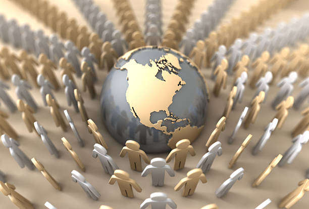 An illustration of a globe surrounded by people stock photo