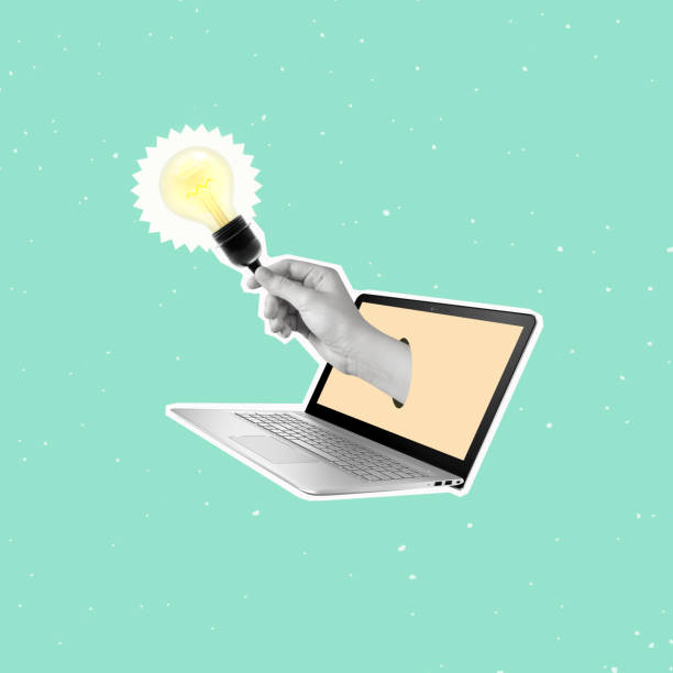 Modern art collage of a hand holding a light bulb and laptop.