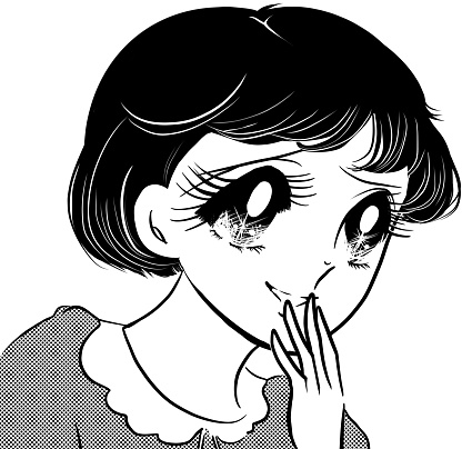 Showa retro horror 70's shoujo manga black and white illustration of a beautiful black haired girl whispering scary gossip and dark cloud background