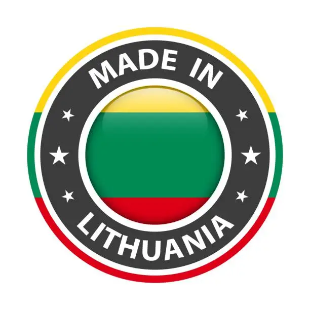 Vector illustration of Made in Lithuania badge vector. Sticker with stars and national flag. Sign isolated on white background.