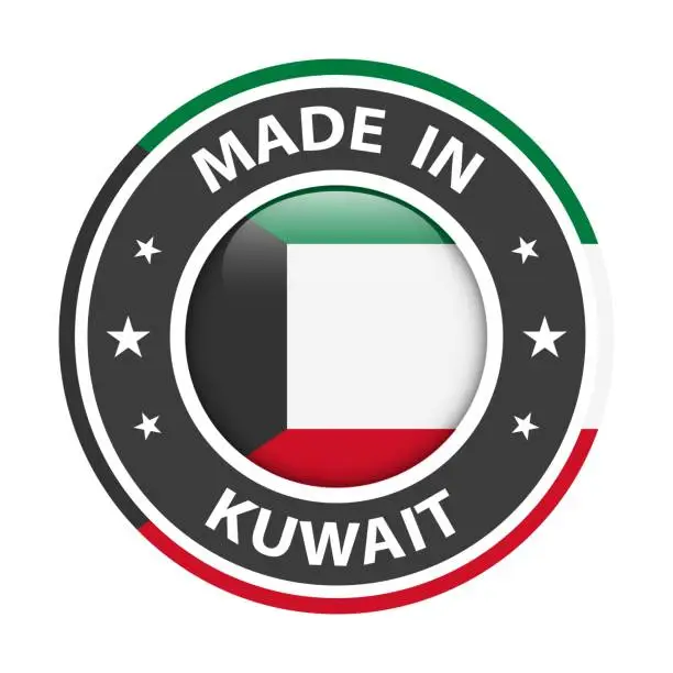 Vector illustration of Made in Kuwait badge vector. Sticker with stars and national flag. Sign isolated on white background.