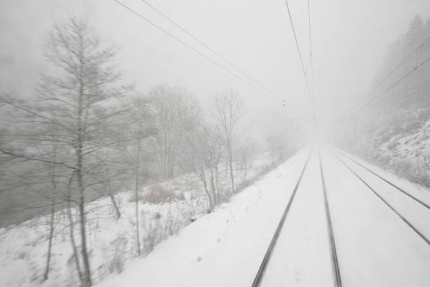 Ad alta velocità attraverso la neve dal treno - foto stock