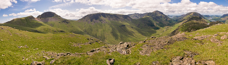 The panoramic view of Green Gable, Windy Pass, Great Gable, Kirk Fell, Pillar, Ennerdale, Haystacks, High Crag, Black Beck Tarn, Buttermere & Crummock Water taken from Grey Knotts.