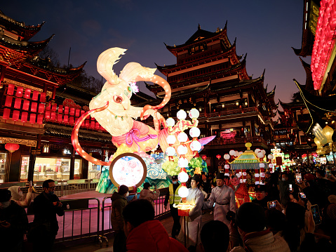 Shanghai, China - Jan. 16, 2023: Lantern Festival in the Chinese New Year( Rabbit year), colorful lanterns in Yuyuan garden.
