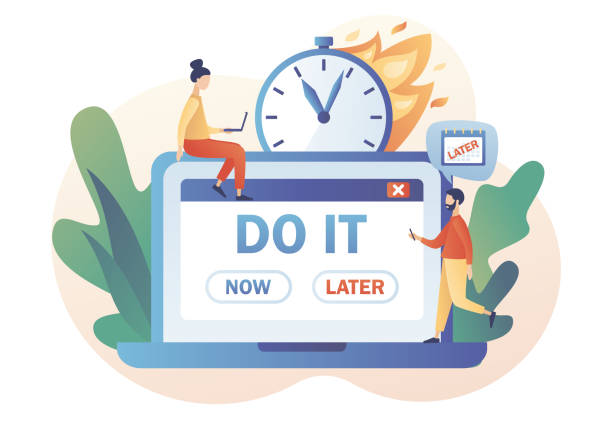 Do it later. Tiny people procrastinating instead of working. Procrastination concept. Unprofitable time spending, useless pastime. Lazy, unproductive. Modern flat cartoon style. Vector illustration Do it later. Tiny people procrastinating instead of working. Procrastination concept. Unprofitable time spending, useless pastime. Lazy, unproductive. Modern flat cartoon style. Vector wasting time stock illustrations