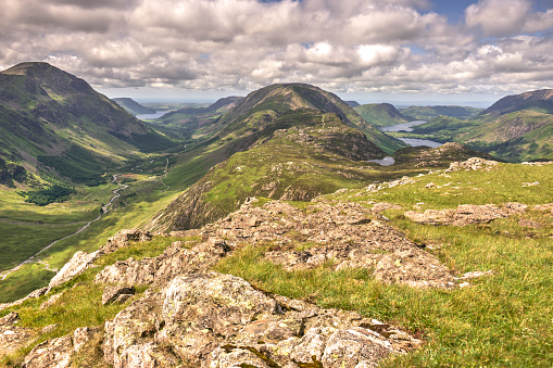 Looking towards Pillar, Ennerdale, Haystacks, High Crag, Buttermere, Rannerdale Knotts, Low Fell, Crummock Water and Melbreak from Grey Knotts.