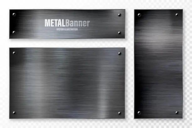 Vector illustration of Realistic black metal banners collection. Brushed steel or aluminium plate, panel with screws. Polished metal surface. Old grunge texture with scratches. Vector illustration