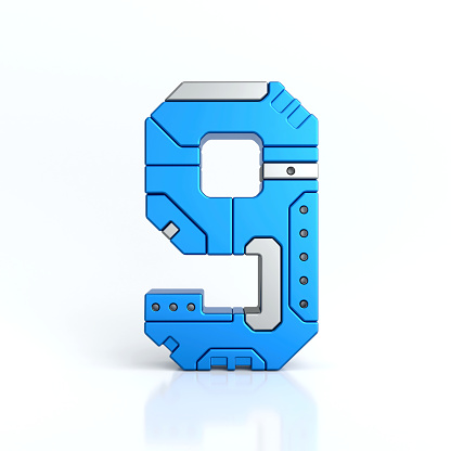 Number nine 3D sci-fi logo. Cyber technology abstract texture alphabet font. Hi tech metallic number 9 typography character design illustration, blue silver metal text, 3d rendering