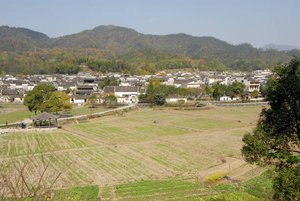 istock Looking over fields to Xidi Ancient Town in Anhui Province, China 1459089398
