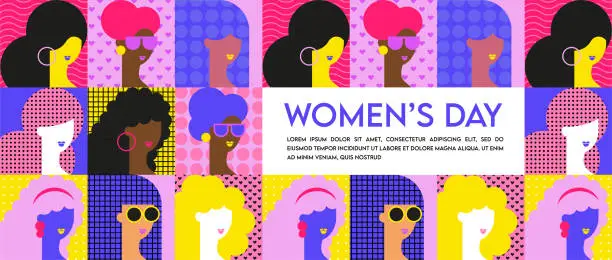 Vector illustration of Happy women's day banner with women of different ethnicities and cultures stand side by side together. Strong and brave girls support each other. Sisterhood and females friendship. Vector banner.