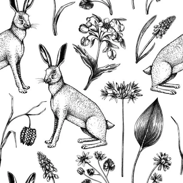 Vector illustration of Woodland  wildflowers seamless pattern