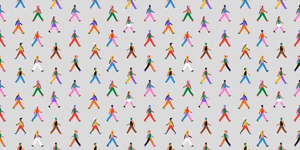 Diverse colorful people group walking together seamless pattern illustration. Rainbow color character crowd background for friendship or team work concept. Different ethnic culture wallpaper texture.