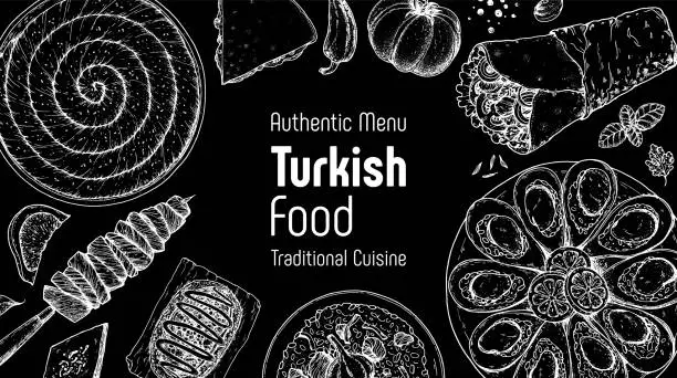 Vector illustration of Turkish food top view vector illustration. Food menu design template. Hand drawn sketch. Turkish food menu. Vintage style. Borek, cag kebab, kumpir, pilaf, midye dolma, doner kebab, pita bread.