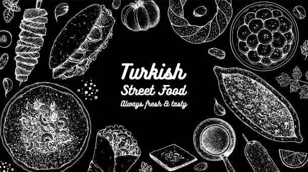 Vector illustration of Turkish food top view vector illustration. Food menu design template. Hand drawn sketch. Turkish food menu. Vintage style. Cag kebab, balik ekmek, lahmacun, doner kebab, pide, simit, lokma.