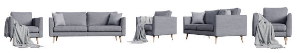 Set of gray armchair and sofa isolated on white background. 3D render.