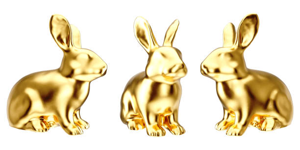 istock Set of golden 3d rabbit element in various pose on white isolated background. 1459095151