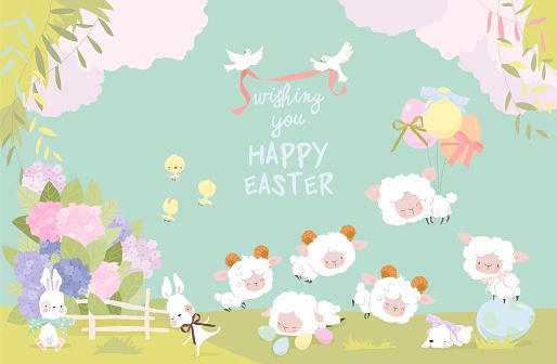 Cute Cartoon Lambs and Bunnies celebrating Easter on Spring Meadow