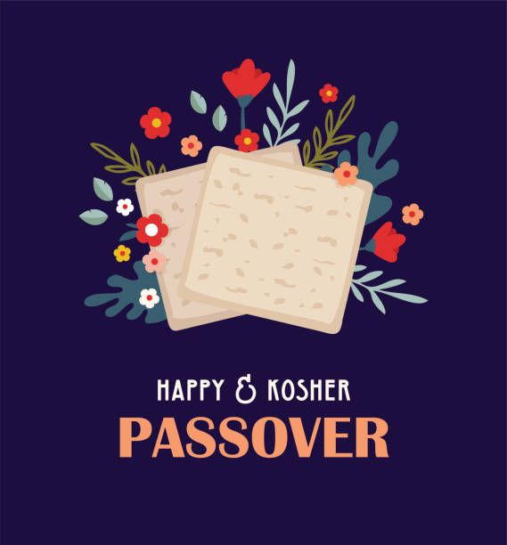 illustrazioni stock, clip art, cartoni animati e icone di tendenza di concetto di celebrazione di pesah, festa ebraica di pasqua. pane matzah, fiori primaverili e saluto pasquale. modello di pesach, design di invito e biglietto di auguri - seder passover seder plate matzo