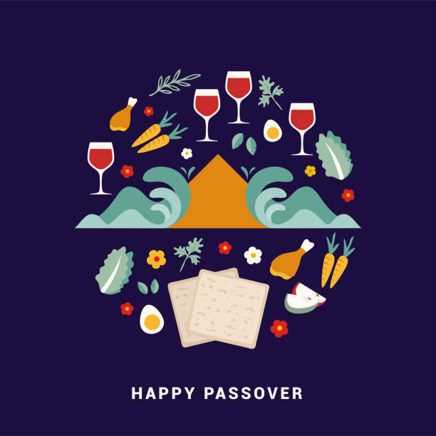 ilustrações de stock, clip art, desenhos animados e ícones de jewish holiday passover, pesach, greeting card with traditional icons. matzo, egypt pyramids, flowers and leaves, passover symbols and icons. vector illustration - passover seder plate seder judaism